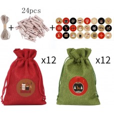 Calendrier de l'Avent Do it Yourself bricolage avec 12 petites pochettes (inclus pincettes, ficelle, autocollants) - Rouge / vert