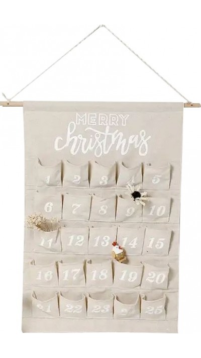 Calendrier Avent Merry Christmas avec poches 1 à 24 en tissu à suspendre