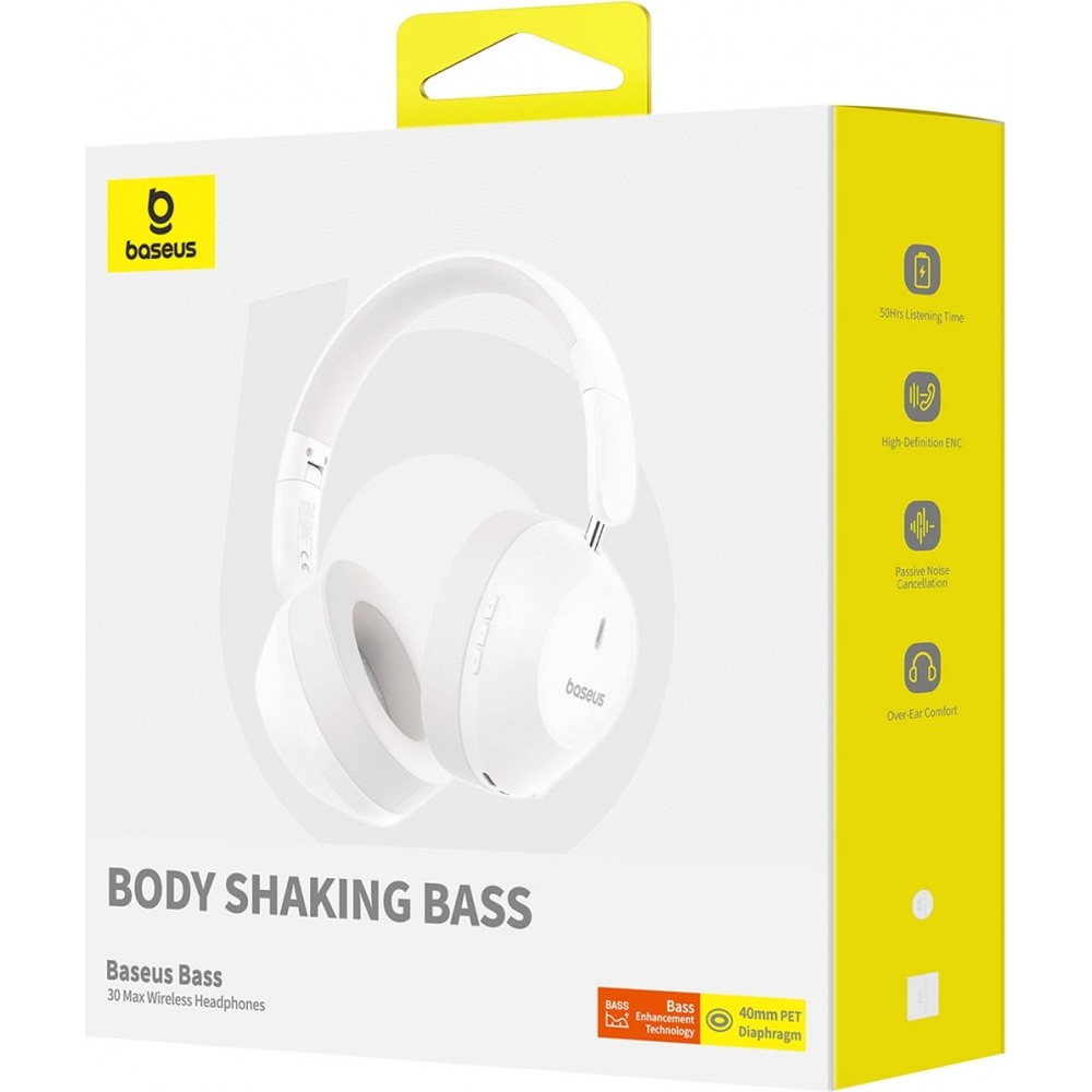 Casque Bluetooth 5.3 Sans Fil Baseus Bass 30 Max On-Ear - Son Basse Profonde - Blanc