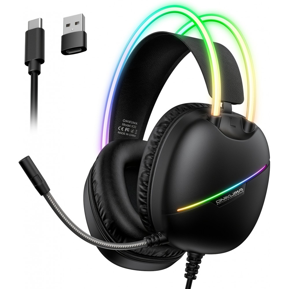 Casque de jeu ONIKUMA sans fil / avec fil avec LED RGB USB-C avec microphone HD pour PC et PS expérience immersive - Noir