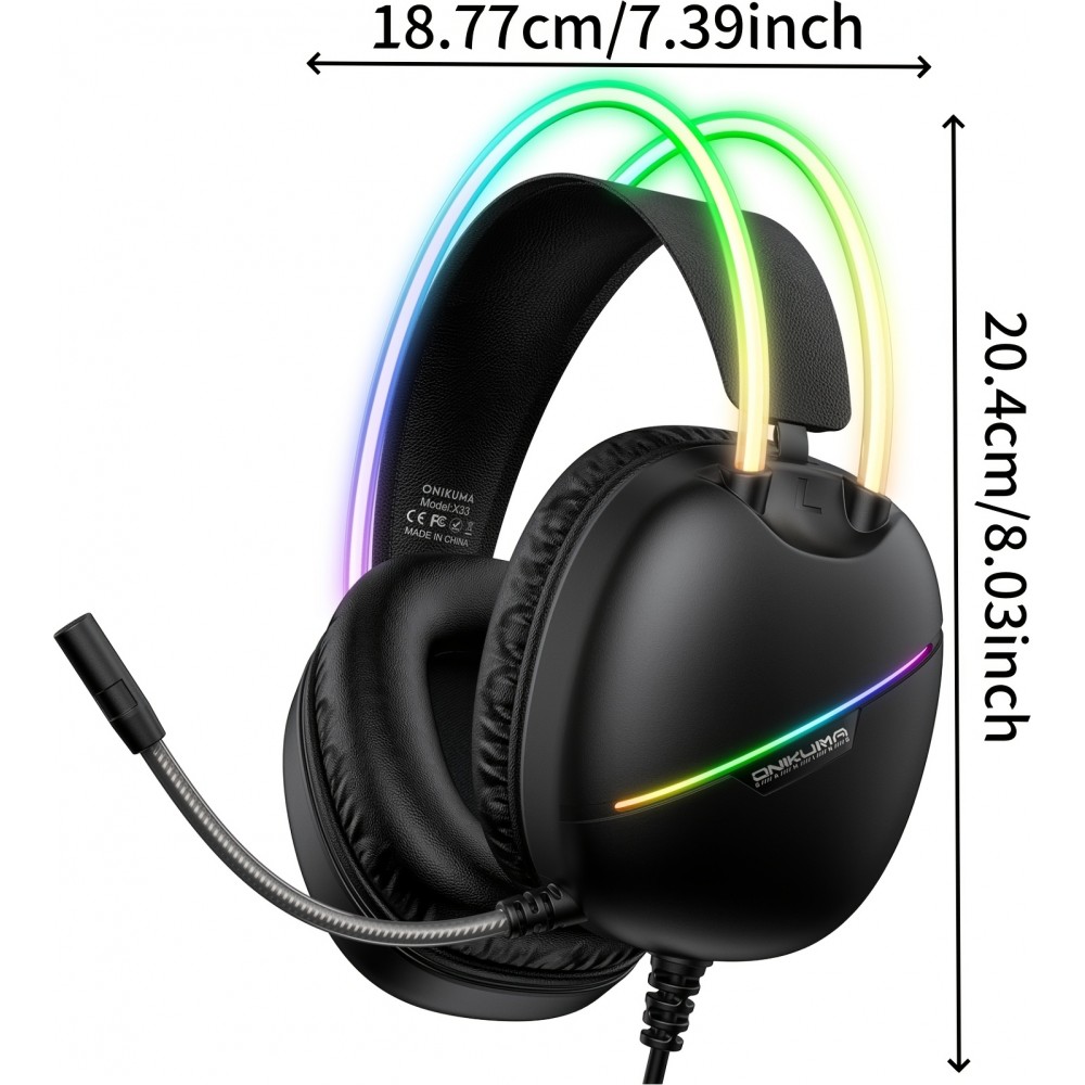 Casque de jeu ONIKUMA sans fil / avec fil avec LED RGB USB-C avec microphone HD pour PC et PS expérience immersive - Noir