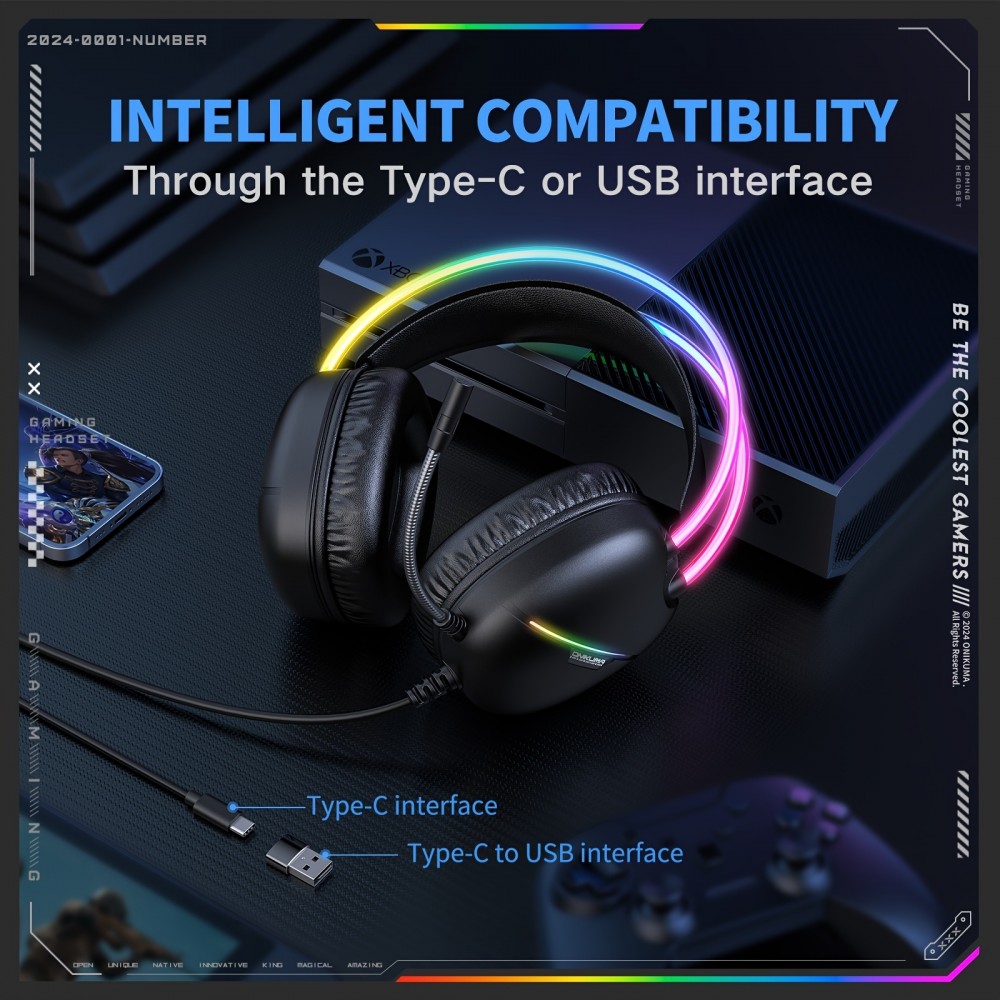 Casque de jeu ONIKUMA sans fil / avec fil avec LED RGB USB-C avec microphone HD pour PC et PS expérience immersive - Noir
