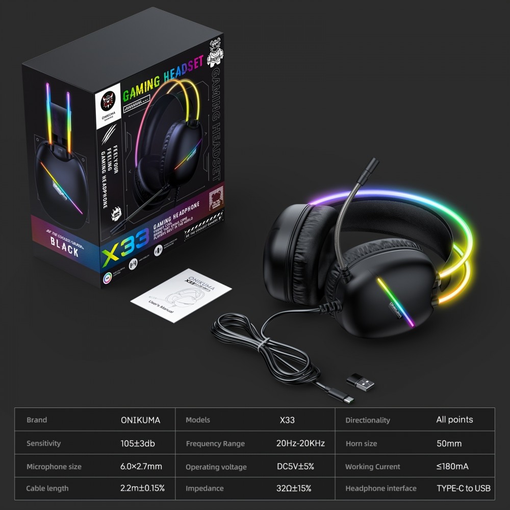 Casque de jeu ONIKUMA sans fil / avec fil avec LED RGB USB-C avec microphone HD pour PC et PS expérience immersive - Noir