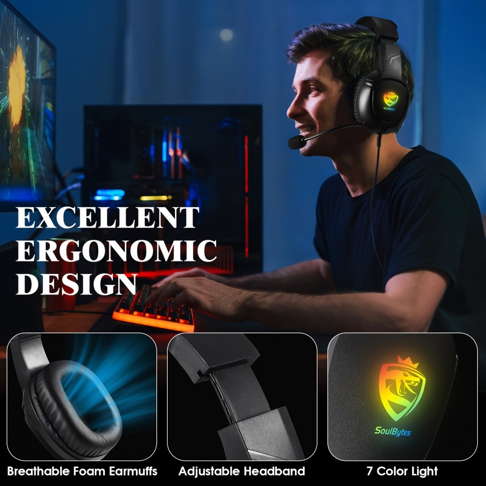 Casque de jeu SOULBYTES S20 RGB avec microphone son surround pour PS4 / PS5 / XBOX / PC jack 3.5 mm - Noir
