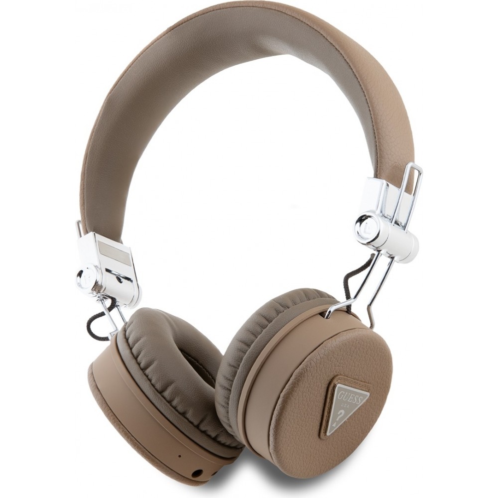Casque sans fil Bluetooth Guess On-Ear premium logo triangle cuir synthétique grainé - Brun