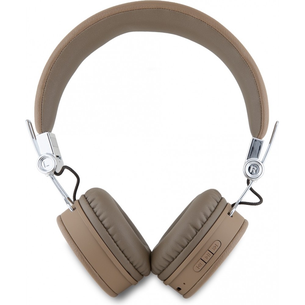Casque sans fil Bluetooth Guess On-Ear premium logo triangle cuir synthétique grainé - Brun