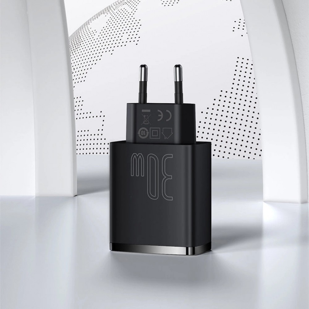 Chargeur Rapide Compact Baseus 30W 2x USB USB Type C Power Delivery Quick Charge 3A - Noir