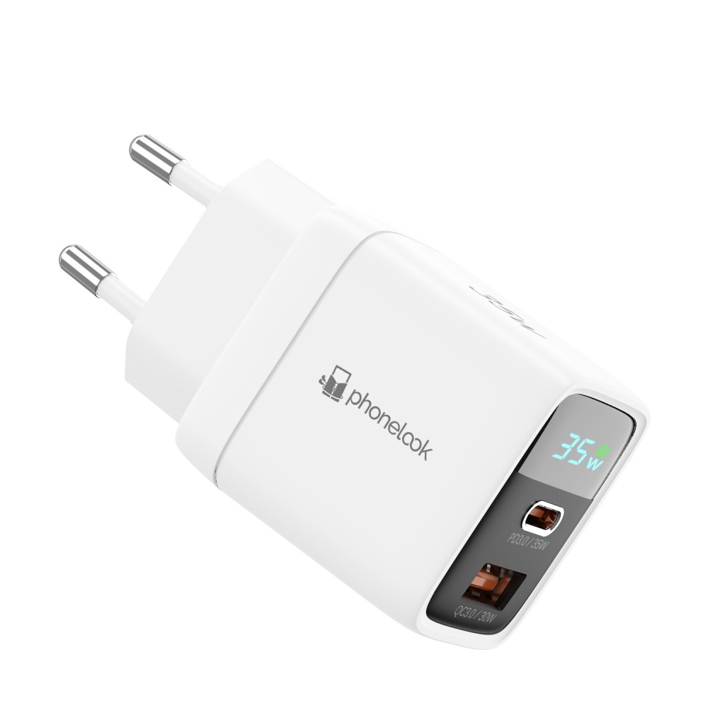 Chargeur USB-A et USB-C GaN/PD3.0 35W avec affichage LED ultra puissant PhoneLook - Blanc