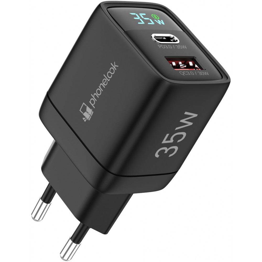 Chargeur USB-A et USB-C GaN/PD3.0 35W avec affichage LED ultra puissant PhoneLook - Noir