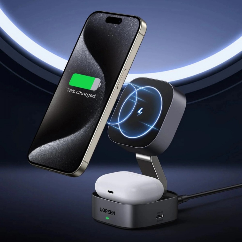 Chargeur Ugreen induction 3 en 1 MagSafe Qi pour Téléphone et Écouteurs avec port USB-C - Noir