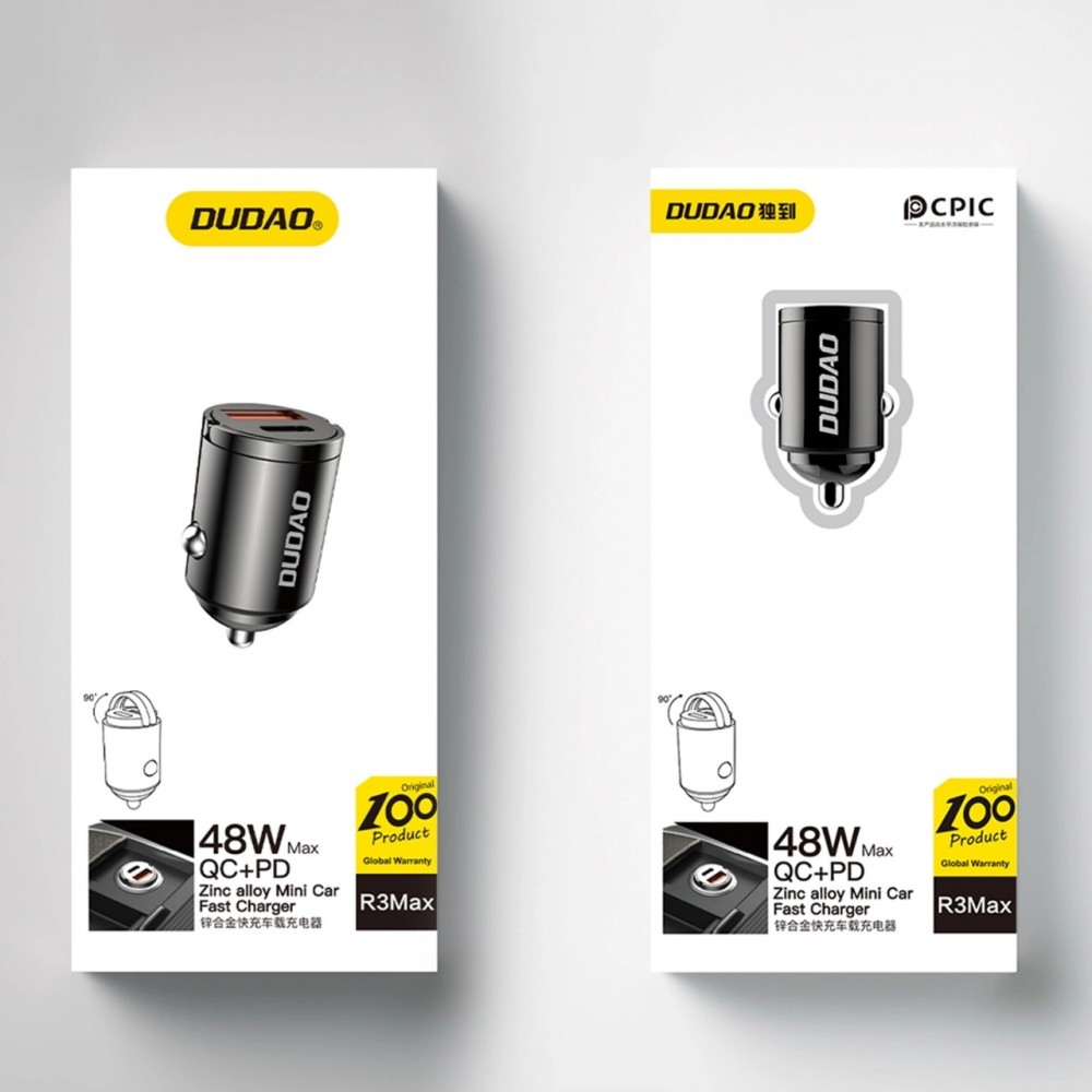 Chargeur de voiture mini Dudao R3MAX 48W QC PD rapide USB-A / USB-C - Noir