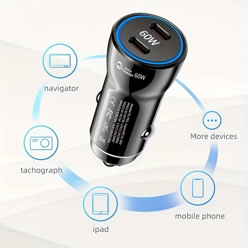 Ladeadapter Zigarettenanzünder 60W Doppel USB-C Ladegerät PD 3.0 Power Delivery - Schwarz