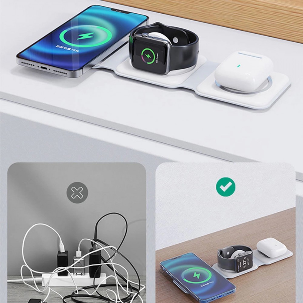 Chargeur inductif 15W pliable 3 en 1 Dudao A11N avec câble USB-C format poche - Blanc