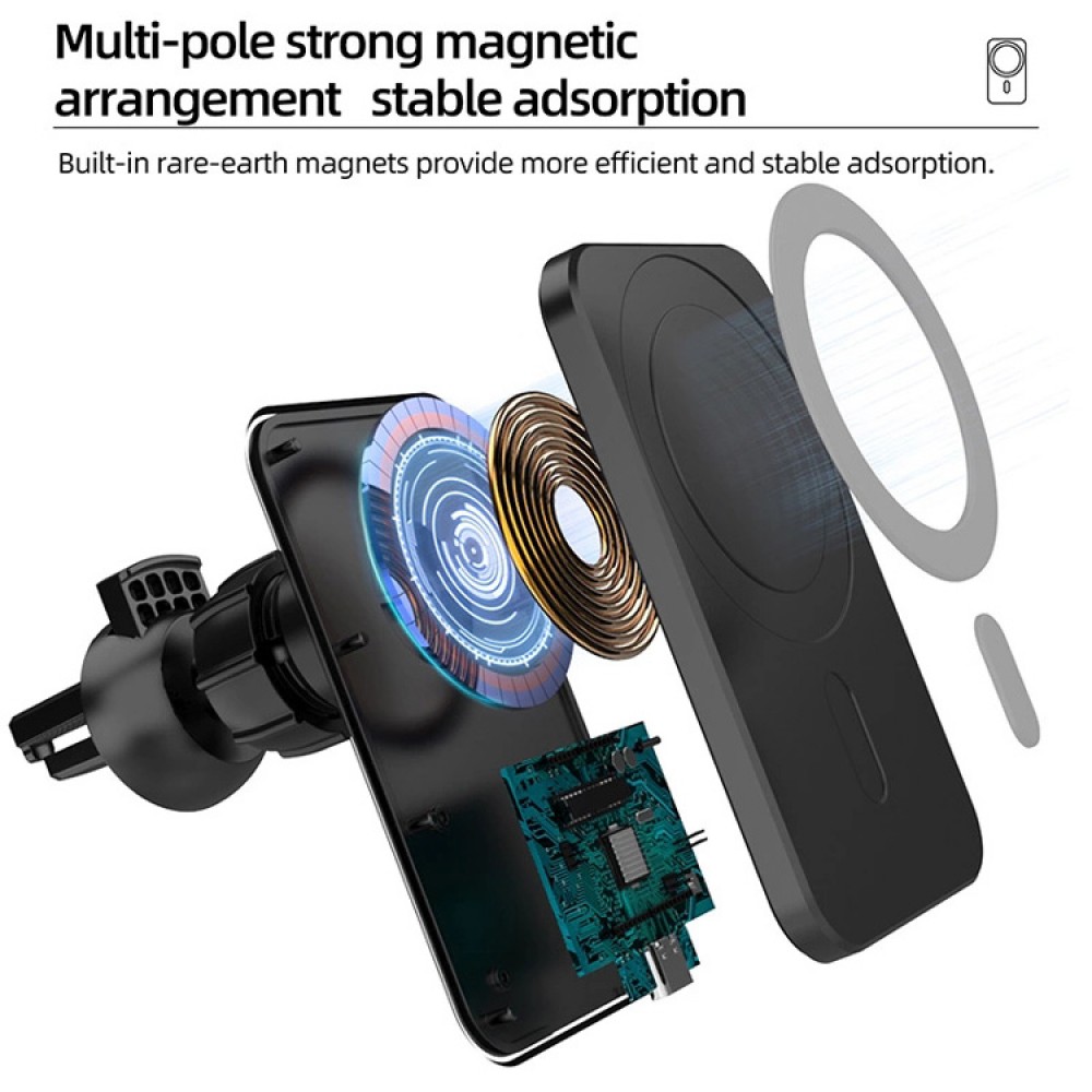 Chargeur magnétique sans fil pour voiture 15W pour Apple MagSafe - Noir