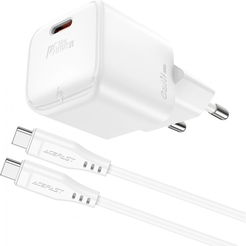 Chargeur mural Acefast A77 Mini PD 30W GaN avec c&acirc;ble USB-C - Blanc