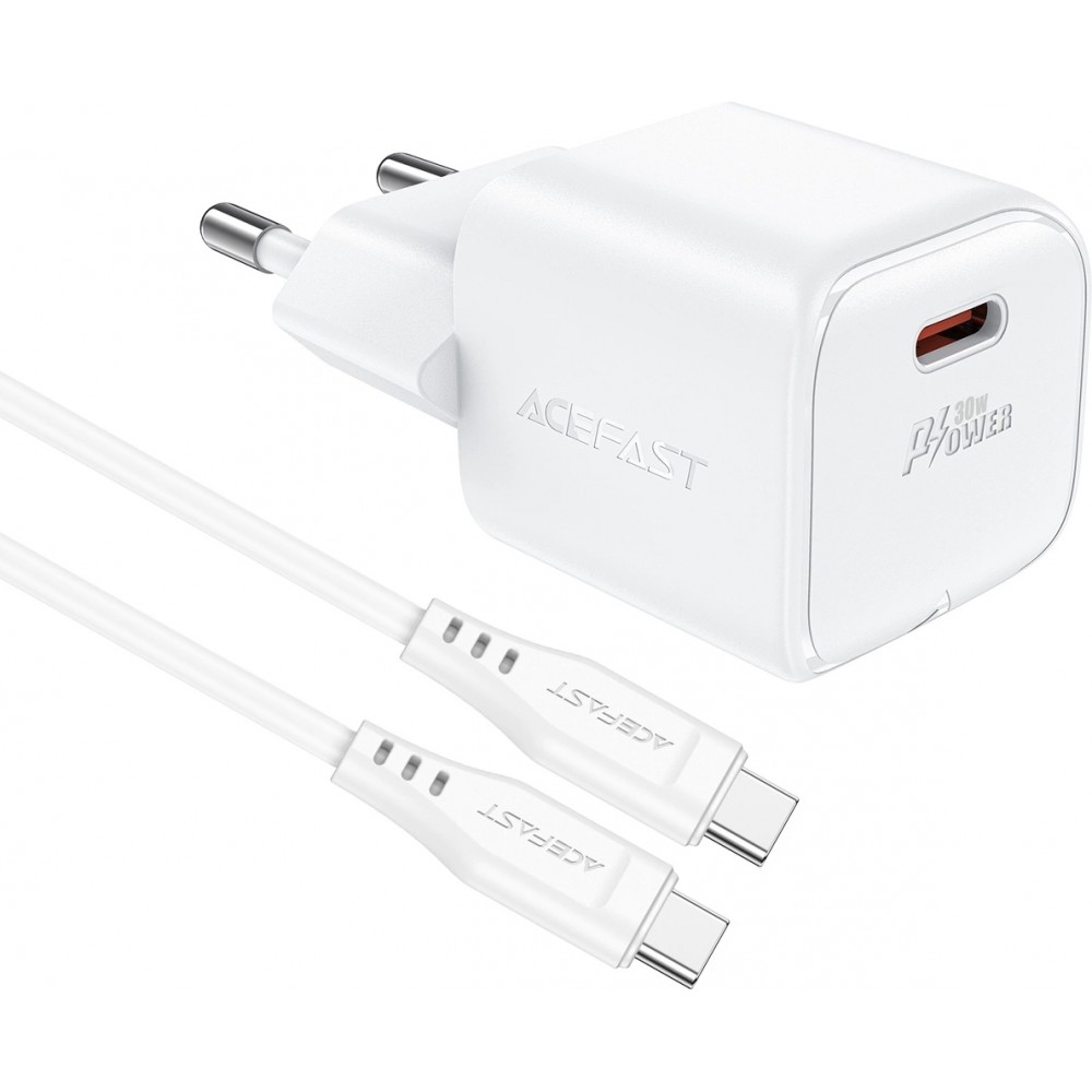 Chargeur mural Acefast A77 Mini PD 30W GaN avec c&acirc;ble USB-C - Blanc