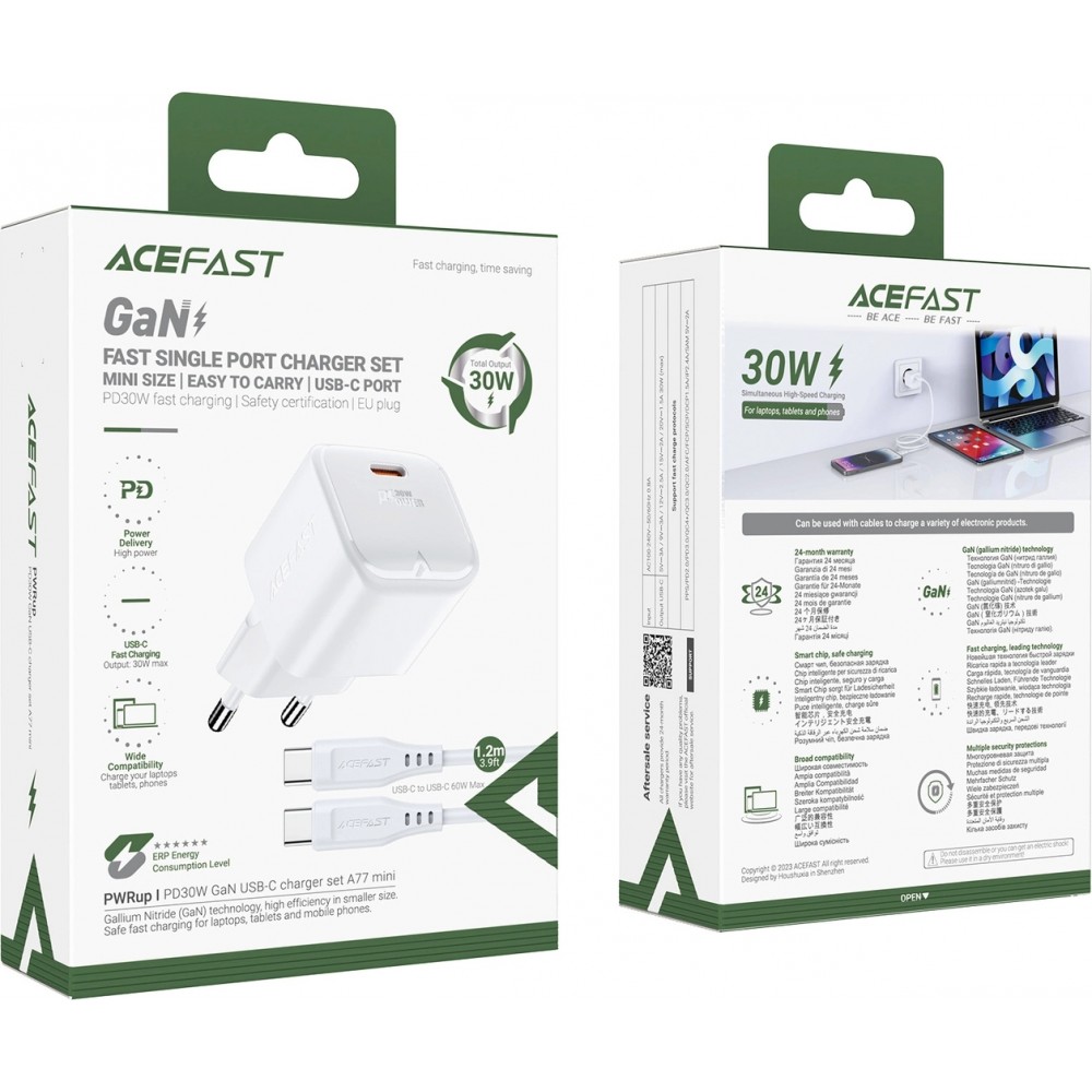 Chargeur mural Acefast A77 Mini PD 30W GaN avec c&acirc;ble USB-C - Blanc