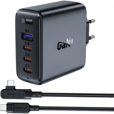 Chargeur rapide Acefast 100W GaN (3x USB-C / 1x USB-A) avec c&acirc;ble angl&eacute; USB-C 100W (2 m) - Noir
