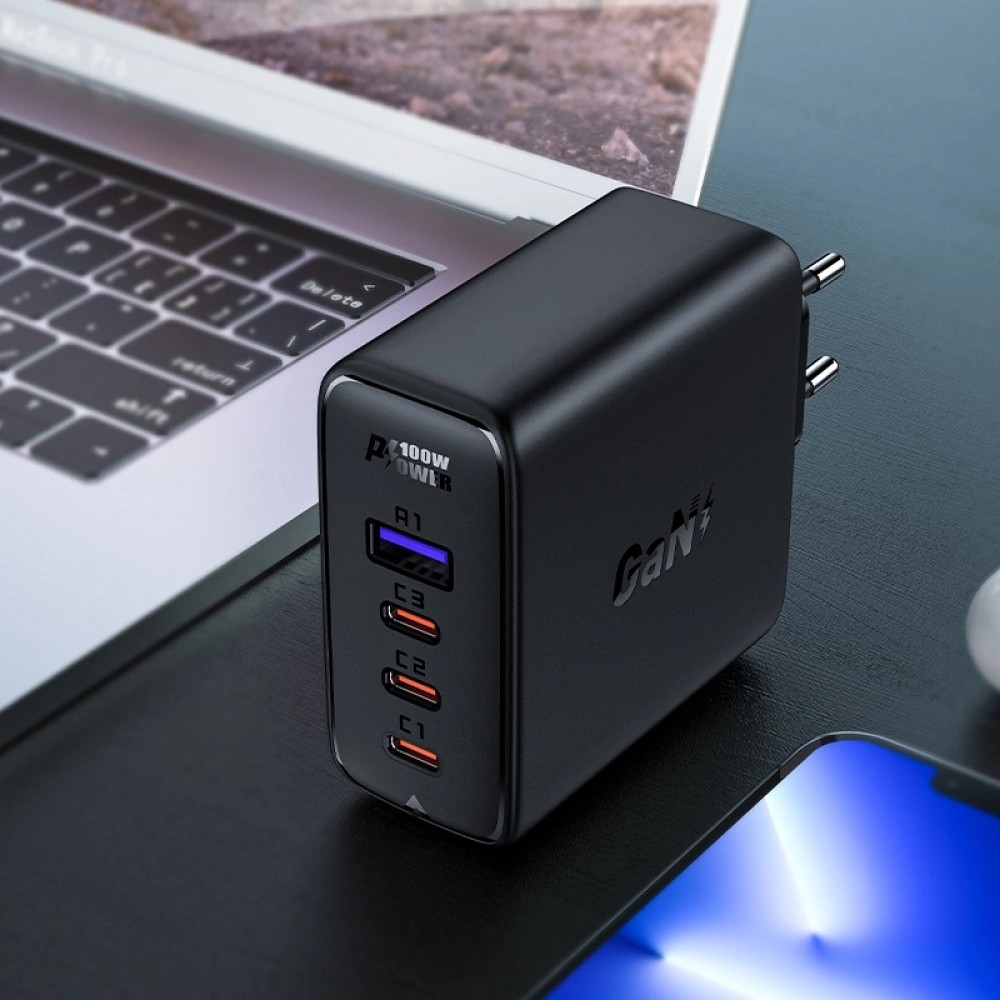 Chargeur rapide Acefast 100W GaN (3x USB-C / 1x USB-A) avec c&acirc;ble angl&eacute; USB-C 100W (2 m) - Noir