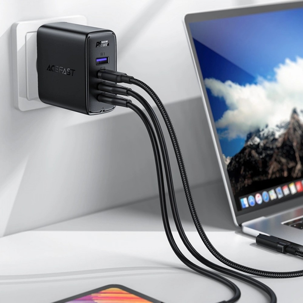Chargeur rapide Acefast 100W GaN (3x USB-C / 1x USB-A) avec c&acirc;ble angl&eacute; USB-C 100W (2 m) - Noir
