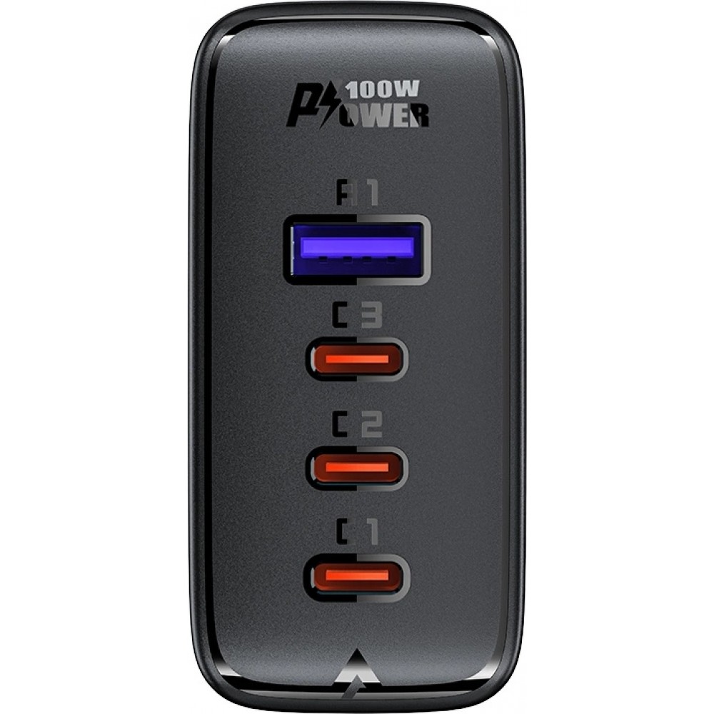 Chargeur rapide Acefast 100W GaN (3x USB-C / 1x USB-A) avec c&acirc;ble angl&eacute; USB-C 100W (2 m) - Noir