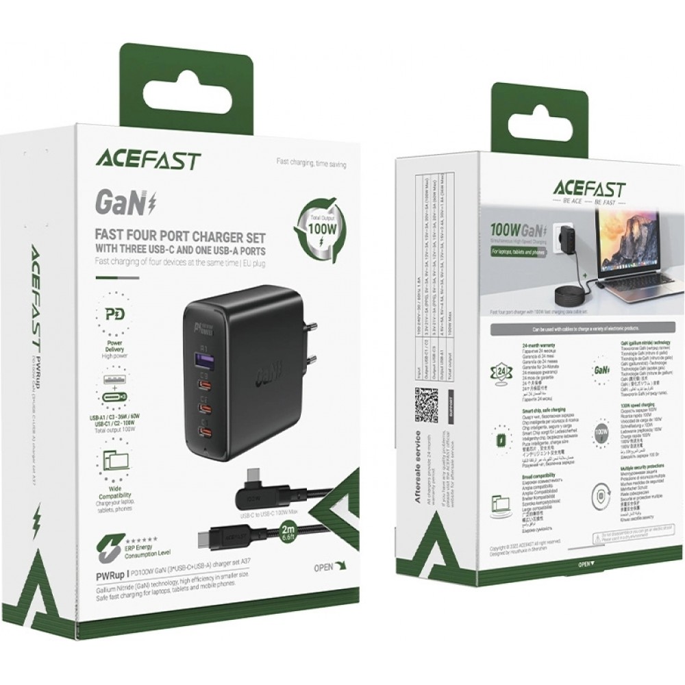 Chargeur rapide Acefast 100W GaN (3x USB-C / 1x USB-A) avec c&acirc;ble angl&eacute; USB-C 100W (2 m) - Noir