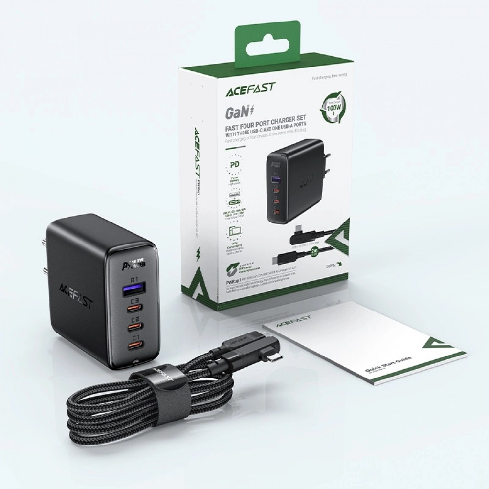 Chargeur rapide Acefast 100W GaN (3x USB-C / 1x USB-A) avec c&acirc;ble angl&eacute; USB-C 100W (2 m) - Noir