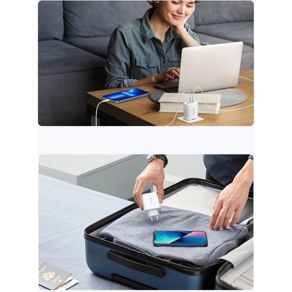 Chargeur rapide Ugreen 65W PD3.0 QC3.0 2x USB-C / 1x USB-A - Blanc