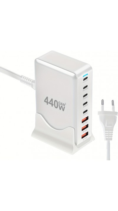 Chargeur rapide multi-port 440W GaN avec indicateurs LED 8 en 1 USB-C/USB-A prise CH/EU - Blanc