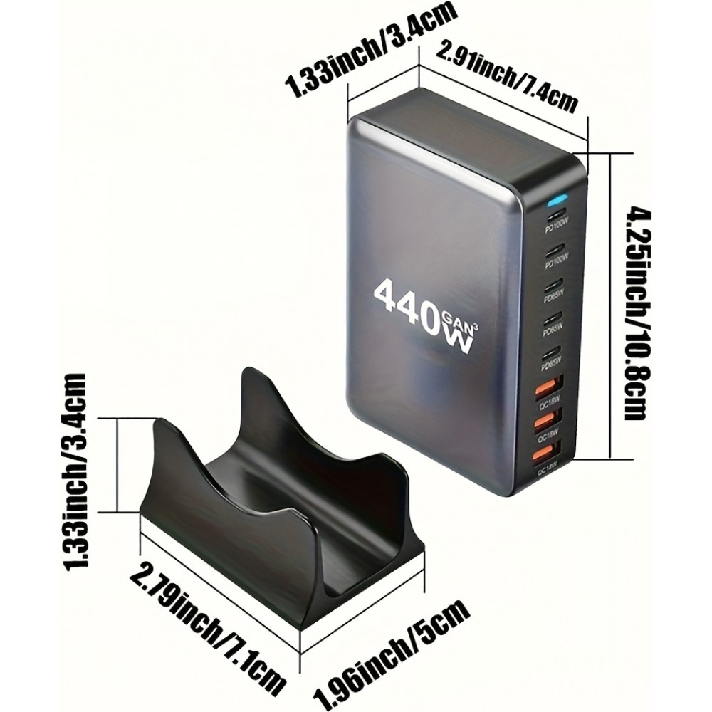 Chargeur rapide multi-port 440W GaN avec indicateurs LED 8 en 1 USB-C/USB-A prise CH/EU - Blanc