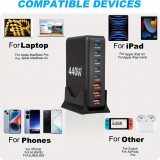 Chargeur rapide multi-port 440W GaN avec indicateurs LED 8 en 1 USB-C/USB-A prise CH/EU - Blanc