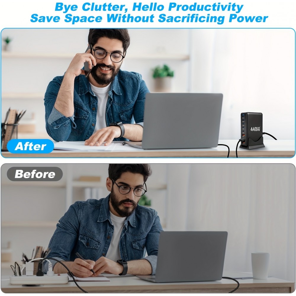 Chargeur rapide multi-port 440W GaN avec indicateurs LED 8 en 1 USB-C/USB-A prise CH/EU - Blanc