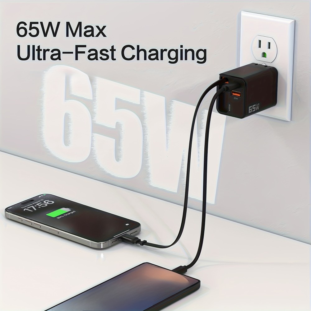 Chargeur rapide multiports PD 65W avec câble USB-C intégré - Blanc