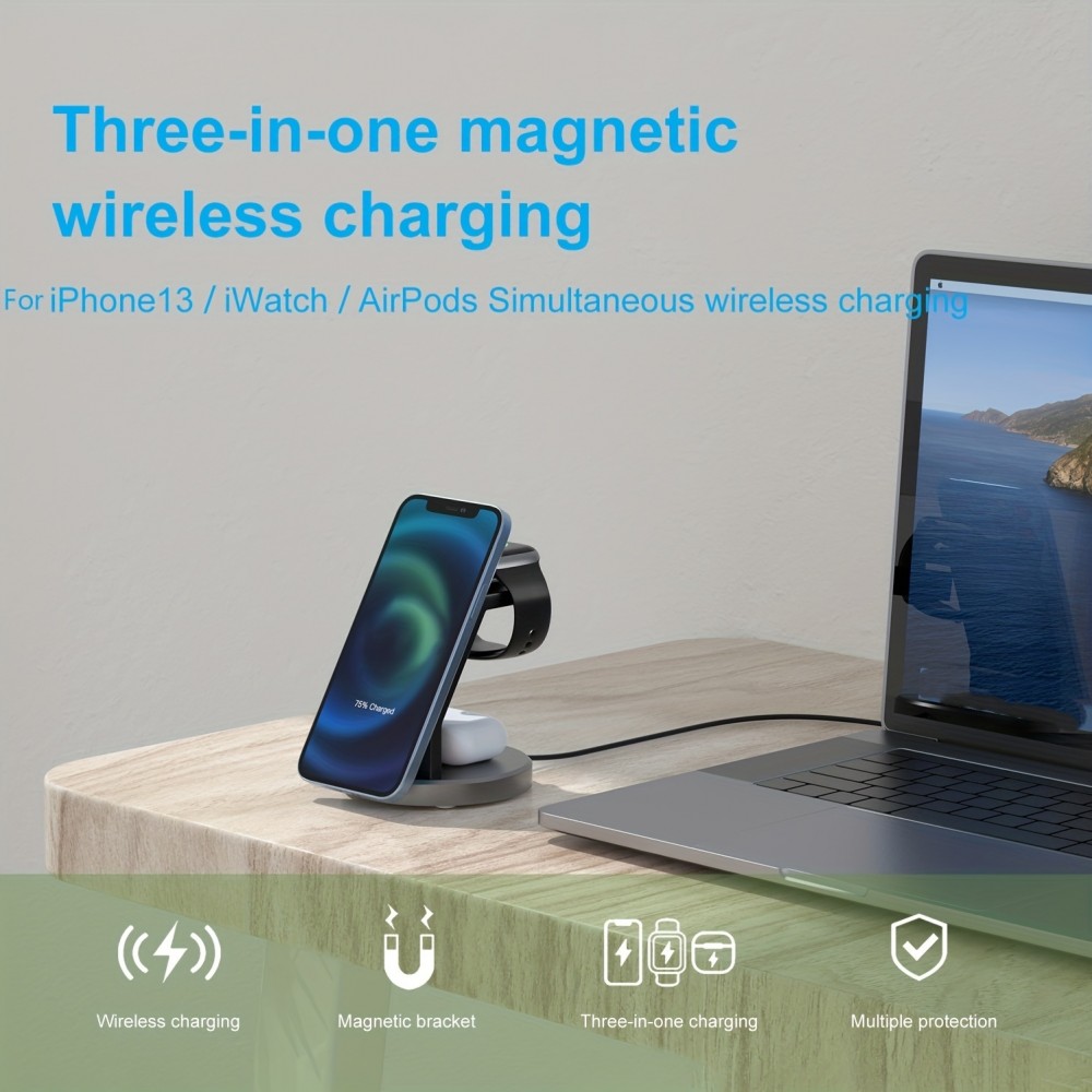 Chargeur sans fil magnétique 15W station de charge rapide sans fil 3-en-1 pour iPhone, Apple Warch, AirPods - Noir