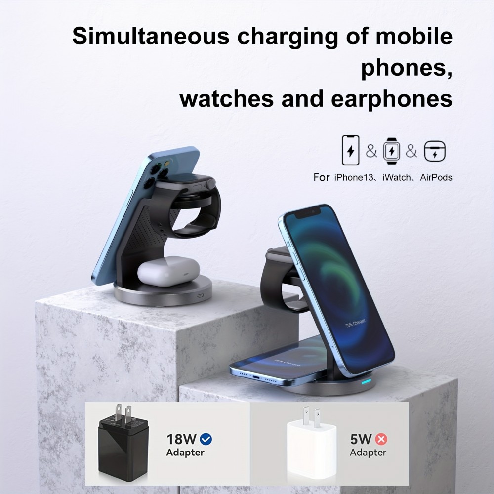 Chargeur sans fil magnétique 15W station de charge rapide sans fil 3-en-1 pour iPhone, Apple Warch, AirPods - Noir