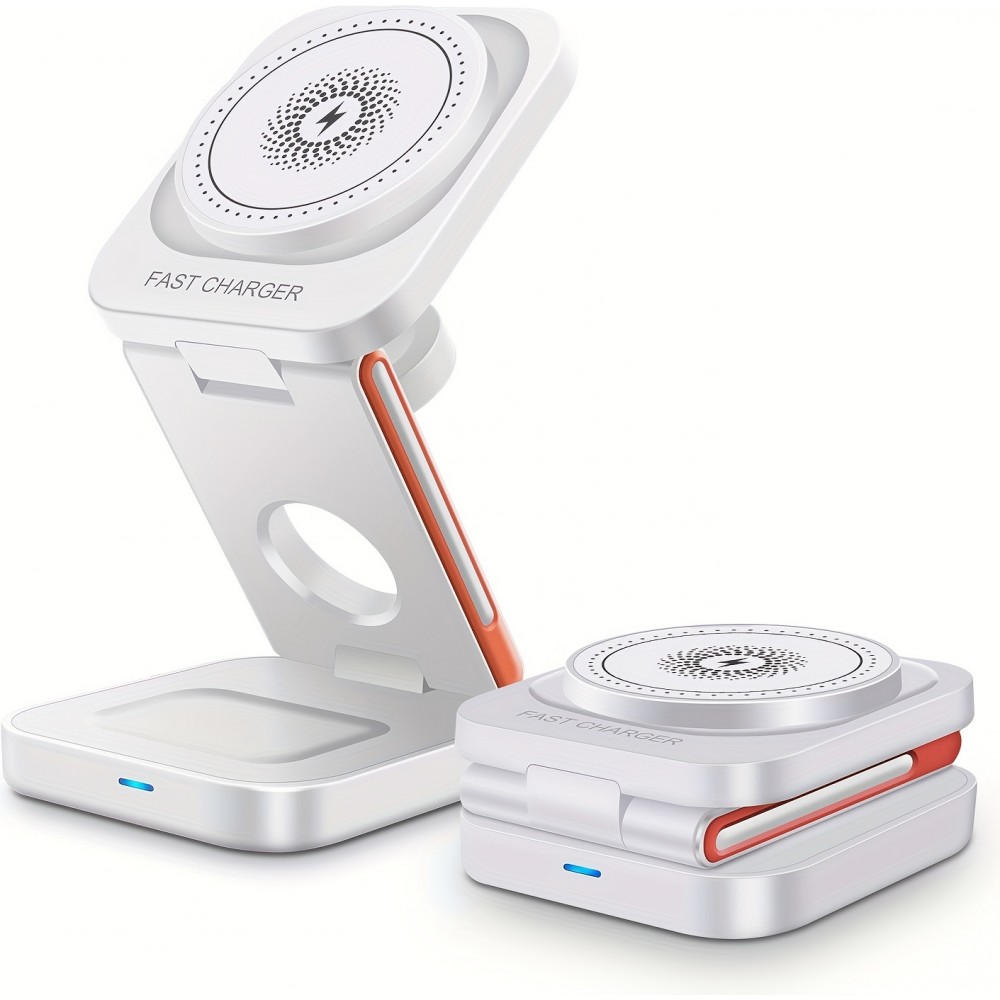 Chargeur sans fil magnétique 3 en 1 15W support pliable pour iPhone / Apple Watch / AirPods avec port USB-C - Blanc