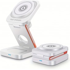Chargeur sans fil magnétique 3 en 1 15W support pliable pour iPhone / Apple Watch / AirPods avec port USB-C - Blanc