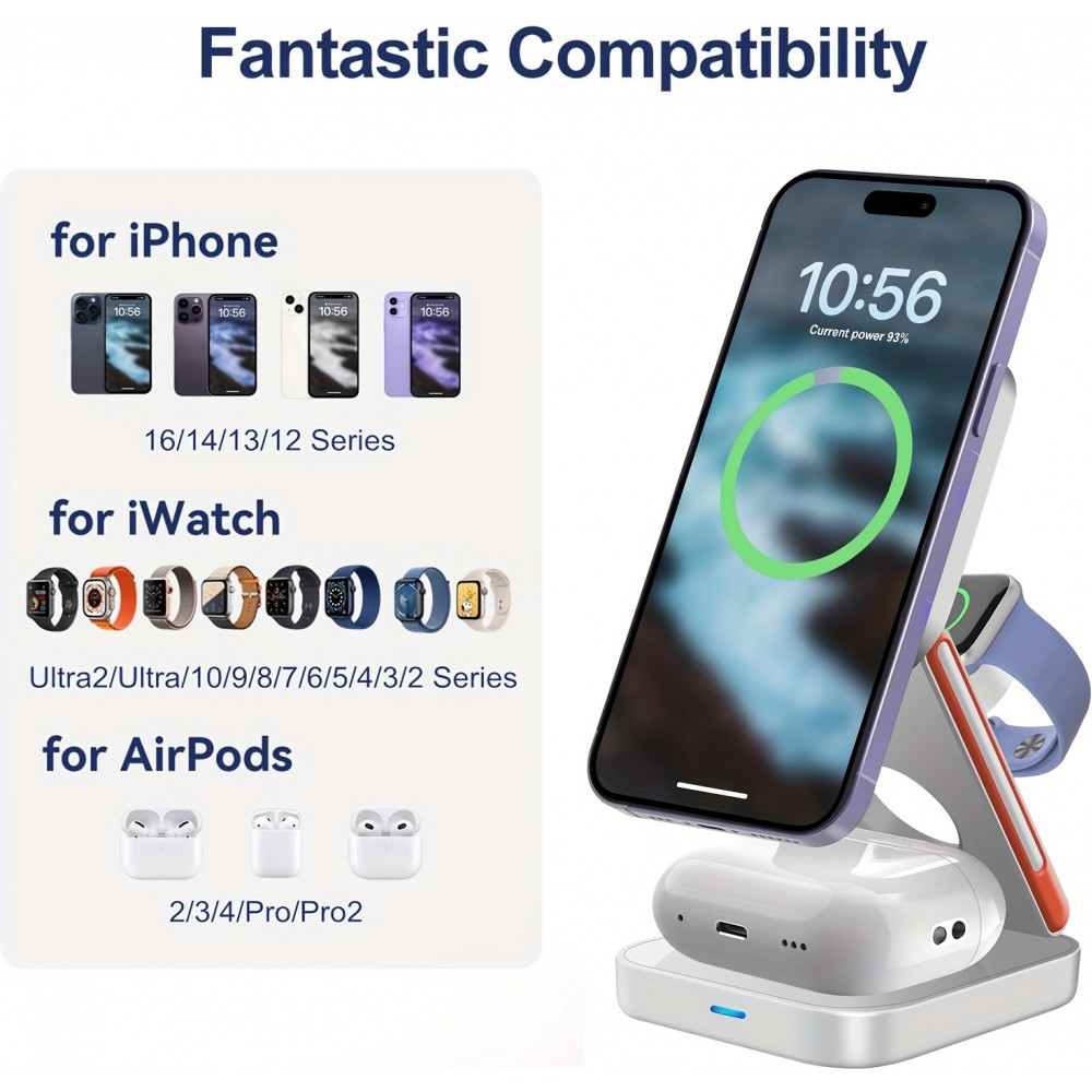 Chargeur sans fil magnétique 3 en 1 15W support pliable pour iPhone / Apple Watch / AirPods avec port USB-C - Blanc