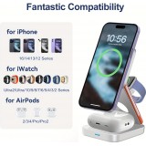Chargeur sans fil magnétique 3 en 1 15W support pliable pour iPhone / Apple Watch / AirPods avec port USB-C - Blanc