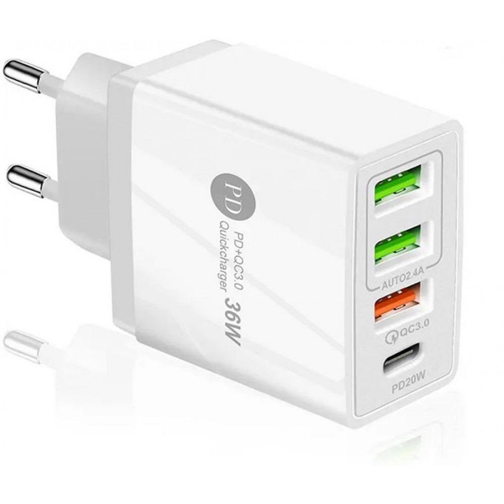 Ladegerät Netzstecker 36W PowerDelivery QC3.0 Schnelllade Adapter 3x USB-A + 1x USB-C - Weiss