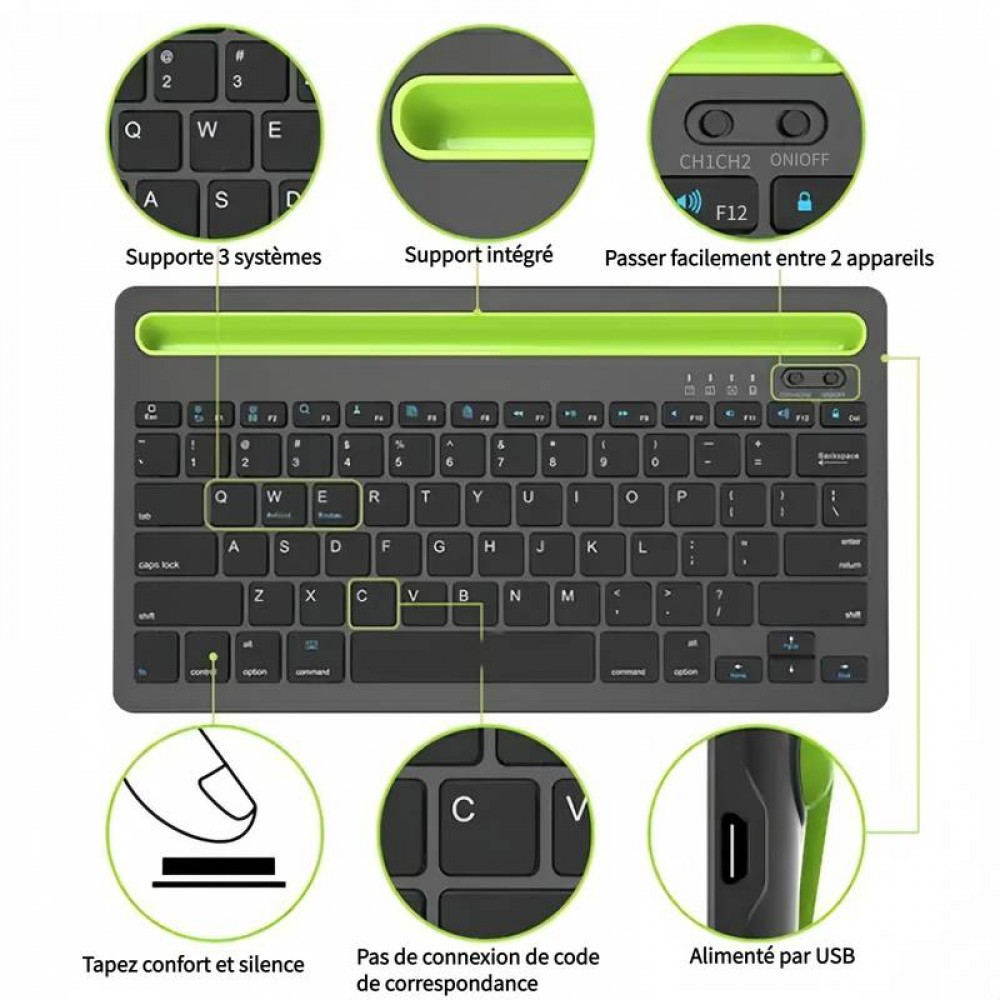 Clavier sans fil Bluetooth 3.0 ultra-mince Android & iOS rechargeable USB & switch multi-connexion (QWERTY) - Noir