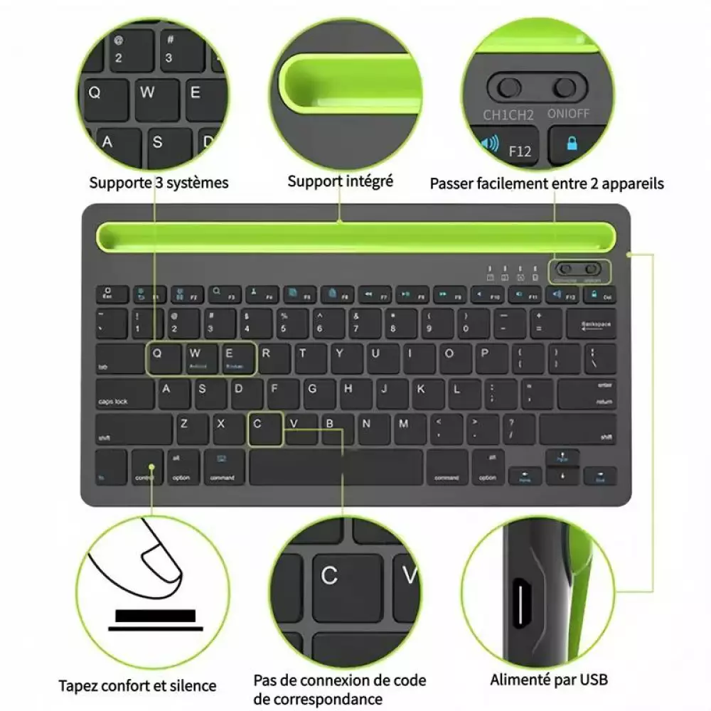 Ultradünne kabellose Bluetooth 3.0 Tastatur Android & iOS aufladbar USB & Multi Verbindungs Switch (QWERTY) - Schwarz