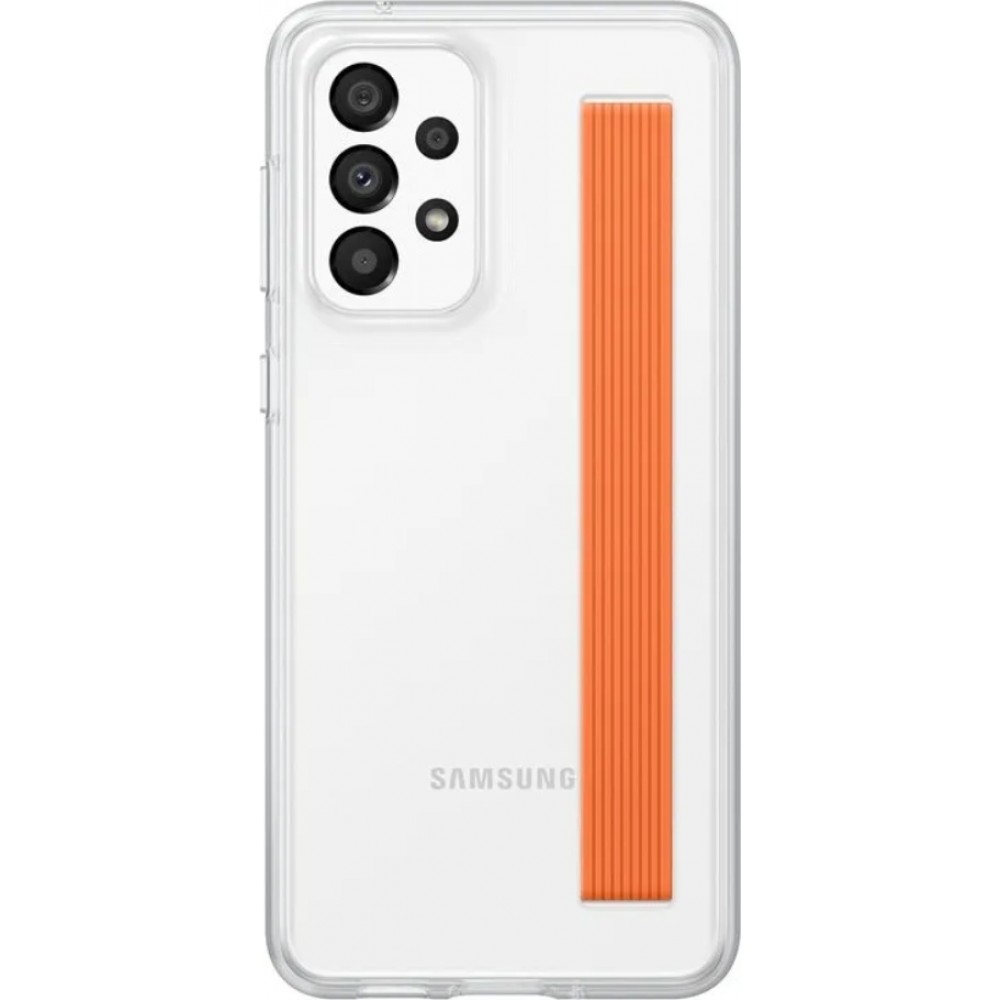 Galaxy A33 5G Case H&uuml;lle - Samsung Slim Strap Cover - D&uuml;nne Schale mit orangefarbener Griffbefestigung - Transparent