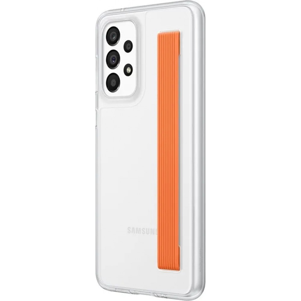 Galaxy A33 5G Case H&uuml;lle - Samsung Slim Strap Cover - D&uuml;nne Schale mit orangefarbener Griffbefestigung - Transparent