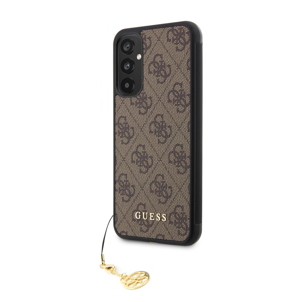 Coque Samsung Galaxy A34 5G - Guess toile similicuir monogramme logo métallique doré avec pendentif charm - Brun