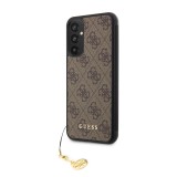 Coque Samsung Galaxy A34 5G - Guess toile similicuir monogramme logo métallique doré avec pendentif charm - Brun