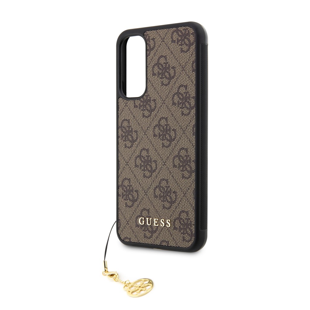 Coque Samsung Galaxy A34 5G - Guess toile similicuir monogramme logo métallique doré avec pendentif charm - Brun