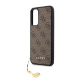 Coque Samsung Galaxy A34 5G - Guess toile similicuir monogramme logo métallique doré avec pendentif charm - Brun