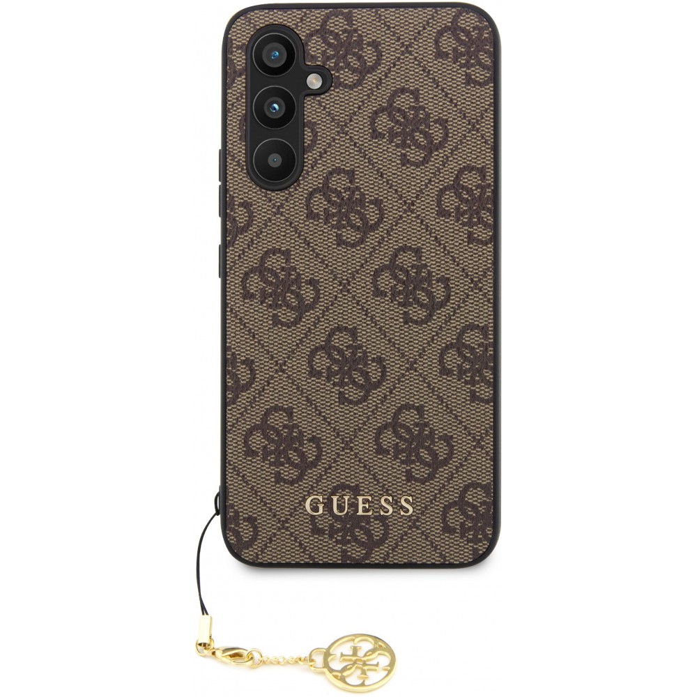 Coque Samsung Galaxy A54 5G - Guess toile similicuir monogramme logo métallique doré avec pendentif charm - Brun