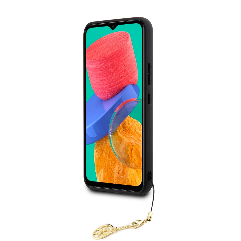 Coque Samsung Galaxy A54 5G - Guess toile similicuir monogramme logo métallique doré avec pendentif charm - Brun